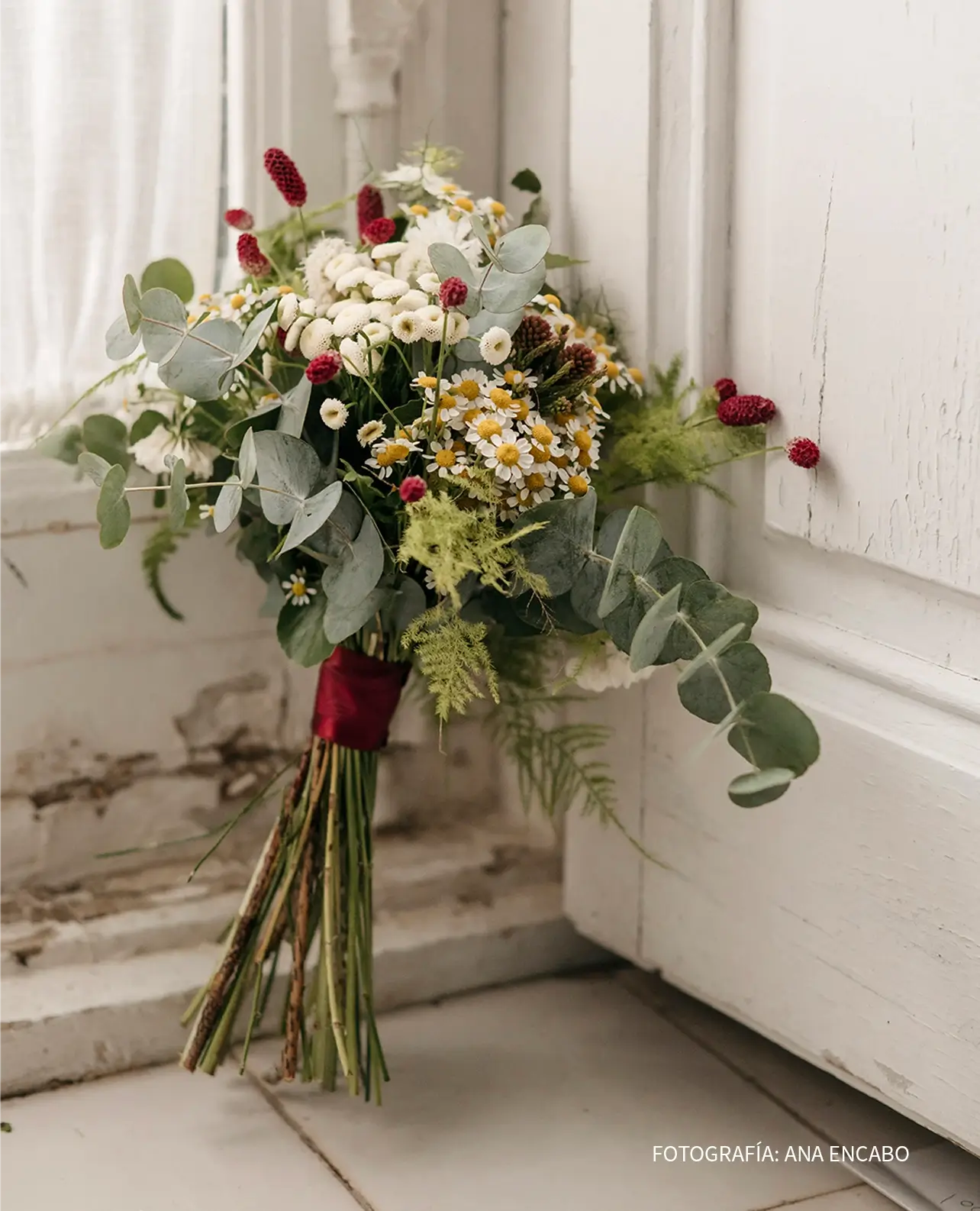 Ramo de novia natural con margaritas, craspedias blancas, flor de botón rojo, helechos y eucalipto