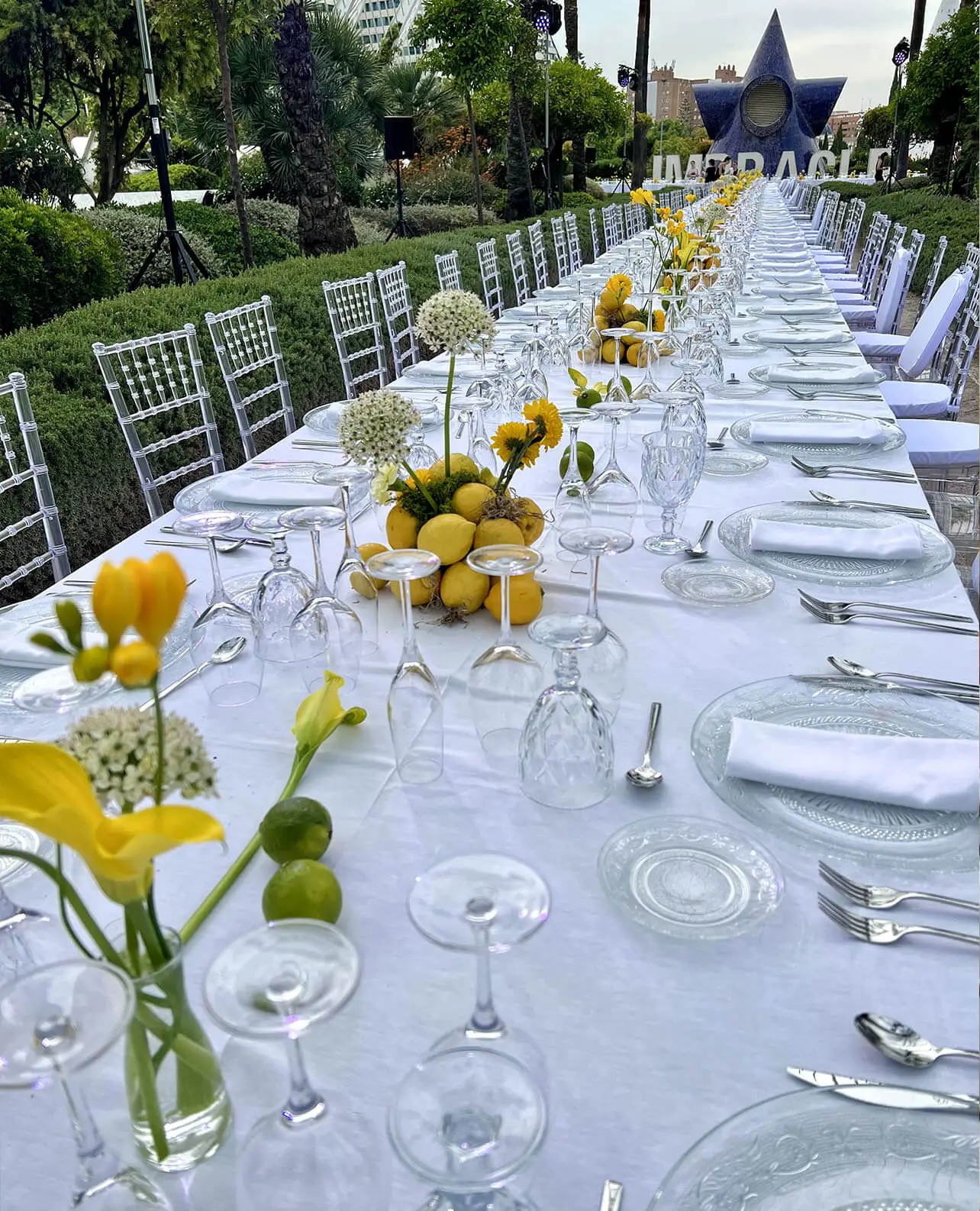 Centro de mesa para boda al aire libre con limones, flores amarillas y vajilla de cristal en mesa imperial										